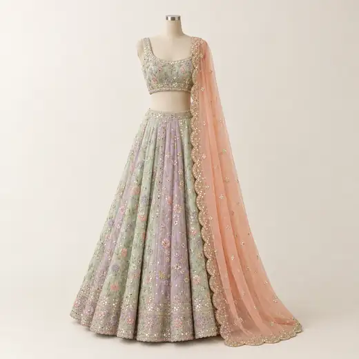 Mint & Lilac Mehendi Lehenga with Peach Dupatta