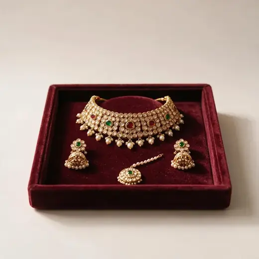 Bridal Kundan Set: Necklace, Jhumkas & Tikka
